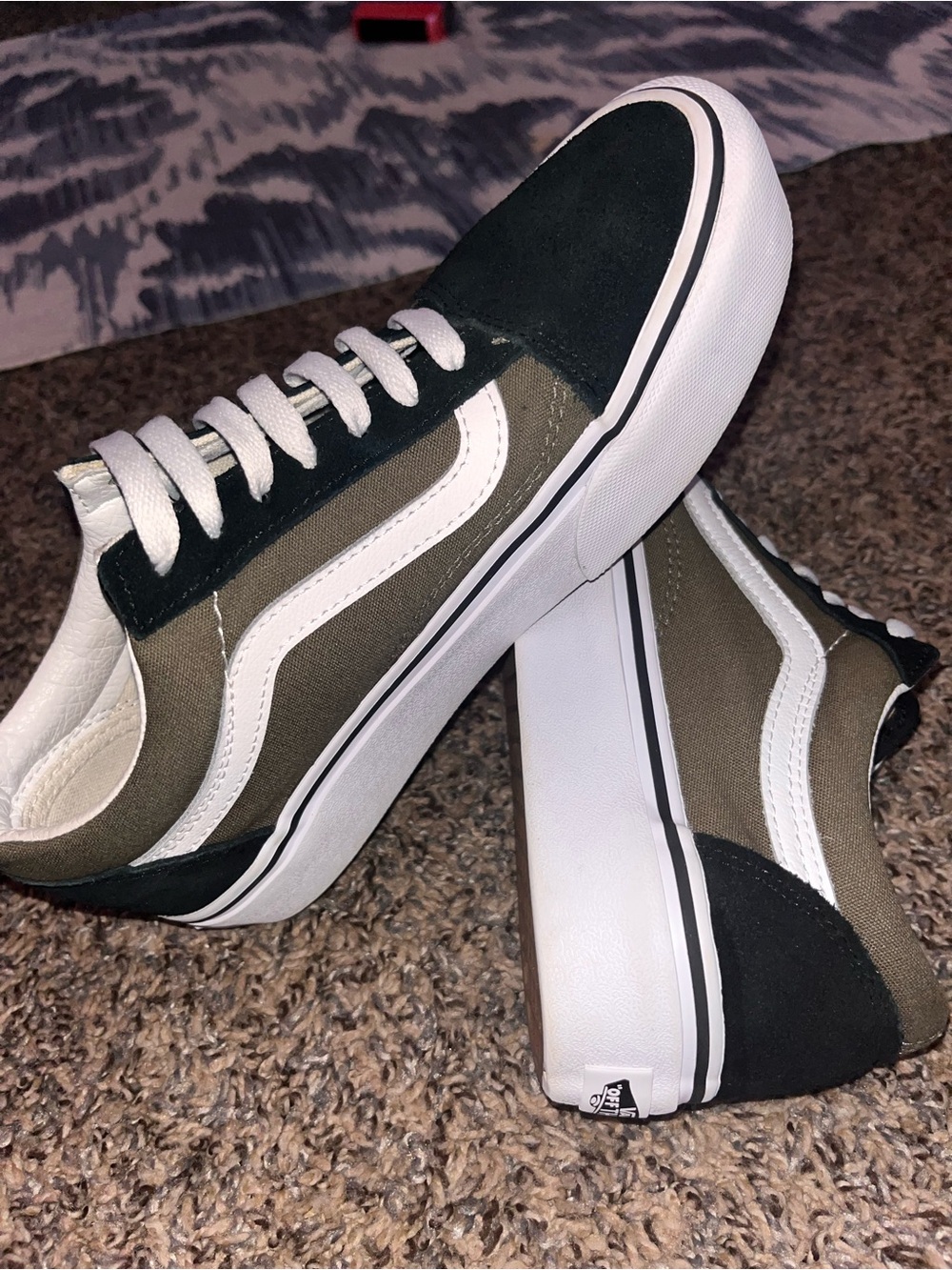 Low-Top vans Canvas Skate Sneakers in Olive and Black with White Stripe